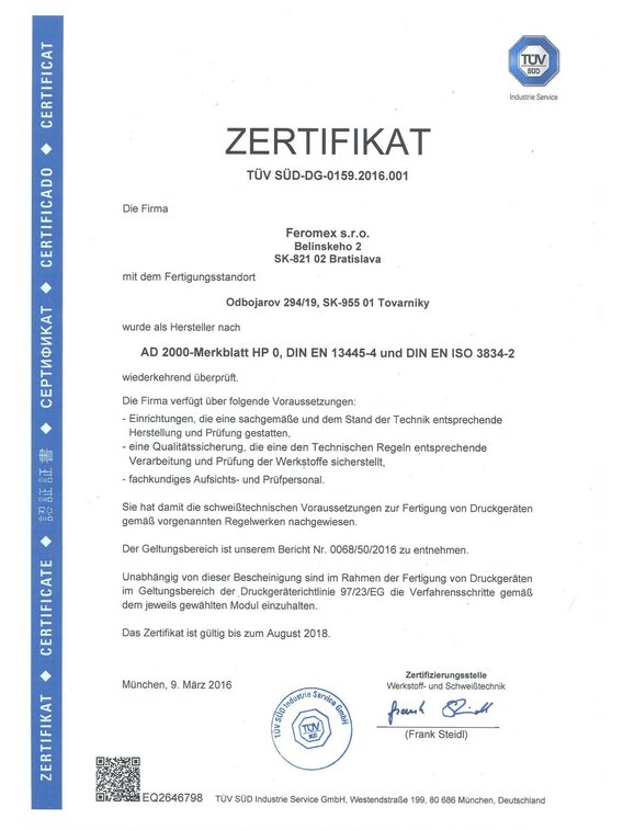 Zertifikat TÜV SÜD-DG-0159.2016.001