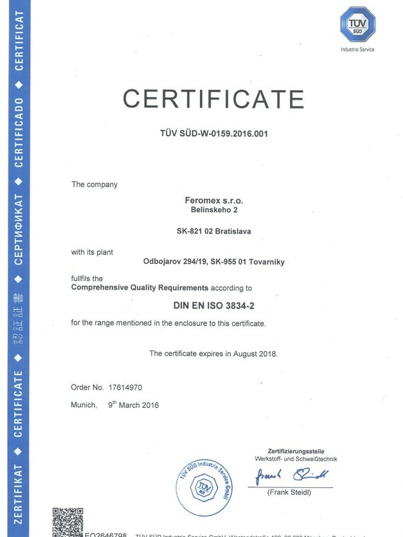 Zertifikat TÜV SÜD-W-0159.2016.001